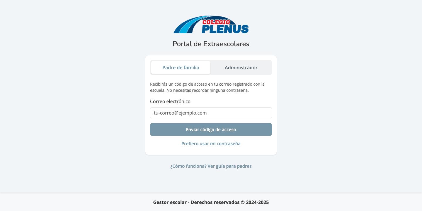 Pantalla de acceso, pestaña Padre de familia con campo de correo