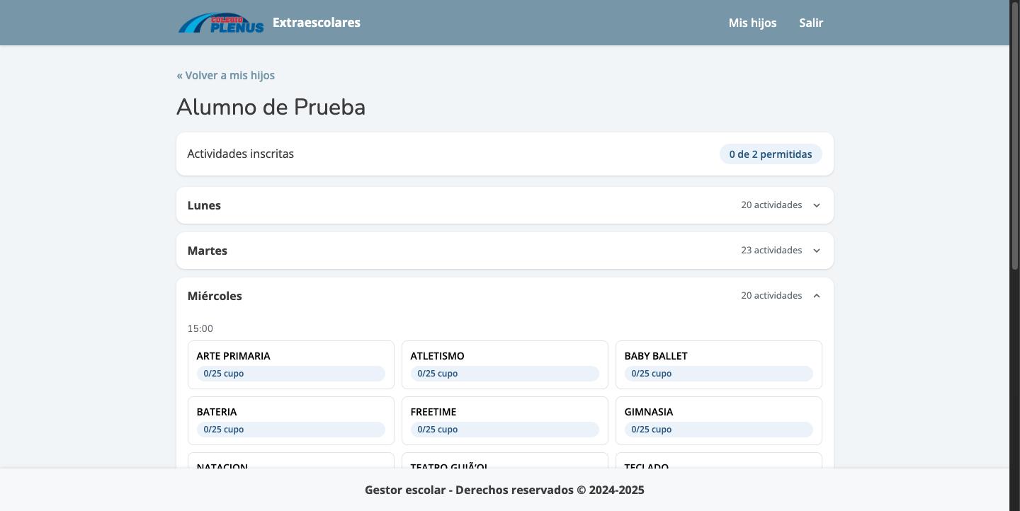 Horario semanal con varias actividades y su cupo disponible
