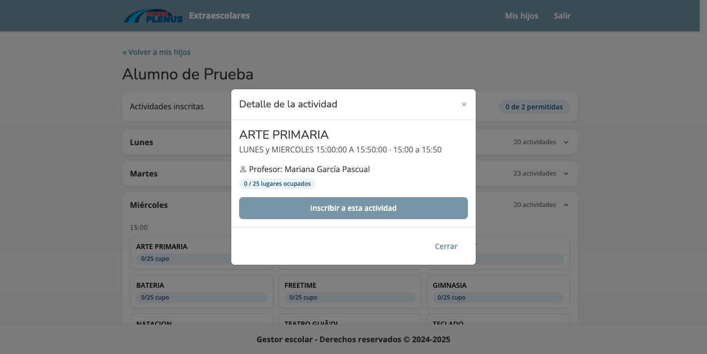 Detalle de la actividad con horario, profesor y cupo