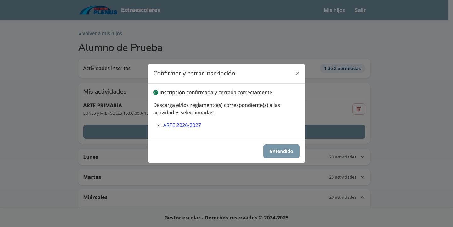 Aviso de inscripción confirmada con enlace al reglamento