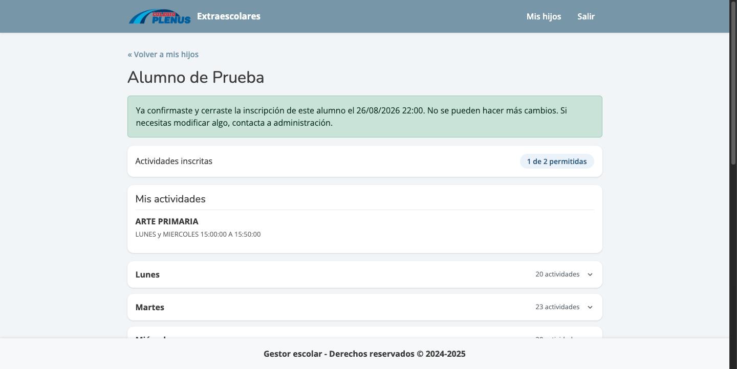 Pantalla final con la inscripción ya confirmada y cerrada